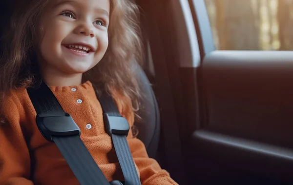 Arabayla Seyahat Ederken Emniyet Kemeri Takan Çocuk Koltuğundaki Mutlu Kız — Stok fotoğraf