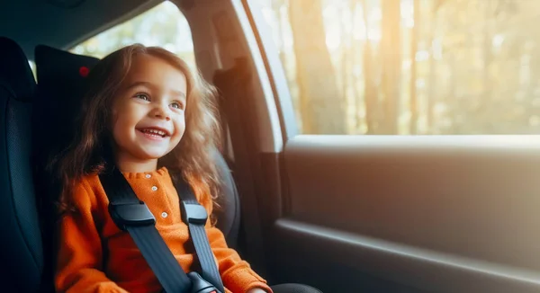 Arabayla Seyahat Ederken Emniyet Kemeri Takan Çocuk Koltuğundaki Mutlu Kız — Stok fotoğraf