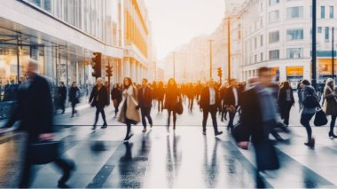 Pedestrian bulanıklığı, Londra 'da yürüyen kalabalık, karşıdan karşıya geçen insanların panoramik görüntüsü.