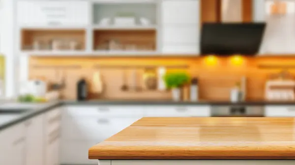 Holztischplatte Auf Verschwommenem Küchenhintergrund Kann Als Mock Für Montageprodukte Oder Stockbild