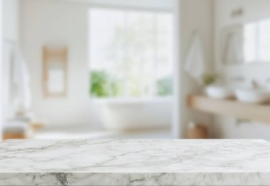 Bulanık banyo arkaplanı ve Marble tezgahının üstü montaj ürünleri görüntüleme için kullanılabilir