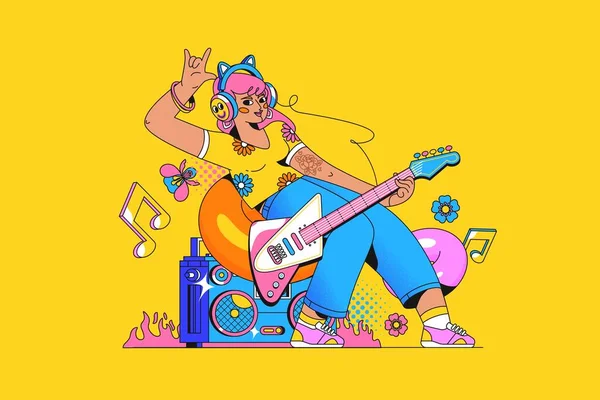 Genç Kadın Sanatçı Müzik Stüdyosunda Elektro Gitar Çalarak Şarkı Söylüyor — Stok Vektör