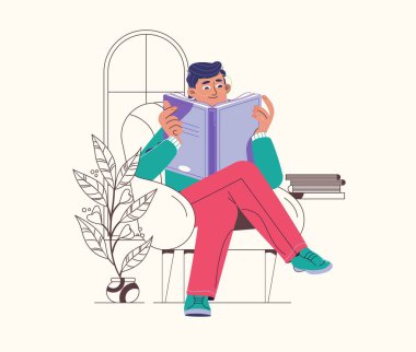 Elinde kağıt kitap ya da günlük tutan, evdeki kanepede oturup edebiyat okuyan Orta Doğulu genç bir adamın portresi. Düz vektör çizimi.