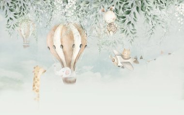 Zürafa, tavşan, fil ve balon, suluboya resimleme. Düğün davetiyesi, doğum günü ve çocuk geçmişi için duvar kağıdı olarak kullanılabilir. 