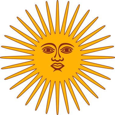 İnsan yüzüne sahip stilize güneş ve Arjantin ulusal sembolünün ışınları