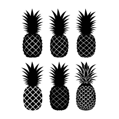 Temiz beyaz arka planda sergilenen altı siyah siluet ananas koleksiyonu. Ananaslar farklı dokulara sahiptir, bazıları elmas desenli, bazıları ise ölçekli bir dizayn göstermektedir..