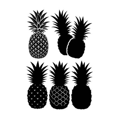 İki sıra halinde dizilmiş altı siyah siluet ananas içeren grafik tasarımı. Ananaslar, karmaşık desenlerden katı şekillere, beyaz arka planda, değişen detay seviyelerini gösterirler..