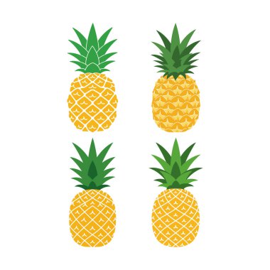 İkiye iki bir ızgarada sıralanmış dört stilize ananas içeren temiz ve grafik bir illüstrasyon. Her ananas parlak sarı bir desenle tasvir edilir ve üzerinde canlı yeşil yapraklar vardır..