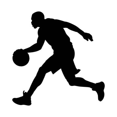 Siyah bir siluet, hareket halindeki bir erkek basketbolcunun sol eliyle top sürüyor. Şort ve atletik ayakkabılar giyiyor, orta basamaklarda yakalandı..