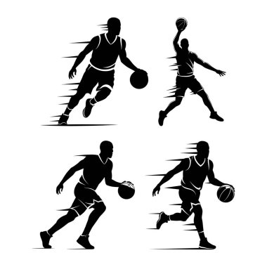 Beyaz arka planda dört siyah basketbol oyuncusu silueti. İkisi top sürüyor, biri şut için zıplıyor, diğeri de koşuyor..