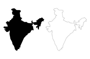 Siyah siluet ve beyaz arka planda Hindistan haritaları.