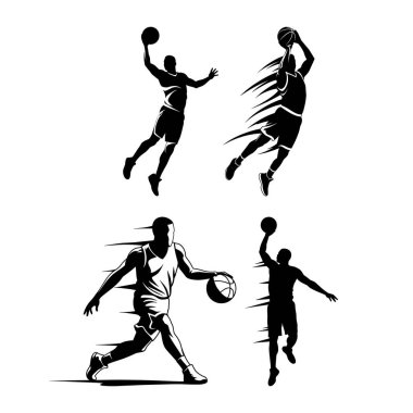 Dinamik basketbol oyuncusu siluetleri salya akıtma ve zıplama hareketleri sergiliyor