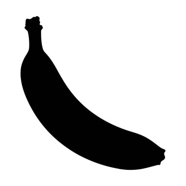 Bir muzun çarpıcı siyah silueti, saf beyaz bir zemin üzerinde temiz bir şekilde izole edilmiş, ikonik eğri şeklini vurguluyor..