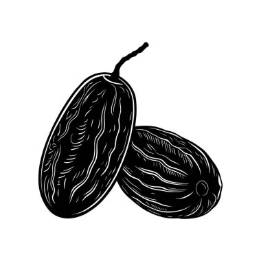 Ayrıntılı, siyah-beyaz bir taslak, iki buruşuk, koyu kuru üzümlü, birinin sapı var, temiz beyaz bir zemine karşı sunulmuş..