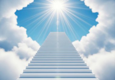 Parlak güneşe doğru yükselen görkemli bir merdiven berrak mavi gökyüzünde kabarık beyaz bulutları delip geçiyor..