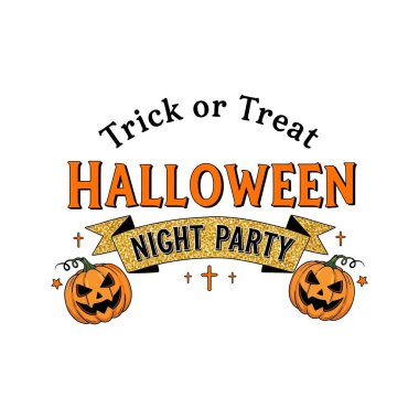 Cadılar Bayramı grafiğinde oyulmuş balkabakları, Şeker mi şaka mı kelimelerini ve Cadılar Bayramı Gece Partisi 'ni gösteren bir pankart..