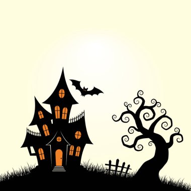 Perili bir evin silueti, eğri büğrü bir ölü ağaç ve tepede dolunayın altında uçan bir yarasa..