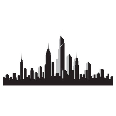 Beyaz arka planda çeşitli yüksek binalar ve gökdelenlerle modern bir şehrin siyah silueti..