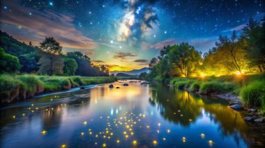 River landscapes a serene river at twilight, with fireflies glowing above the water and stars beginning to appear full hd 4k and 8k photo image picture download clipart