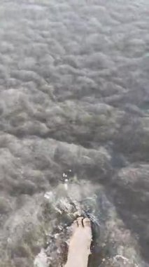 Sahil şeridinde dalgalanan yumuşak dalgalarla kumsalda çıplak ayakla yürürken gösterilen huzurlu bir video. Islak kumun dokusunu ve okyanusun rahatlatıcı duygusunu yakalar..