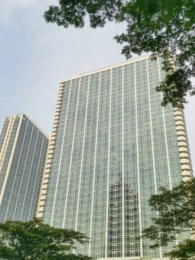 Yakındaki ağaçların yeşil gölgesinin çerçevelediği güneş ışığı altında parlayan gökdelenlerin çarpıcı manzarası. Şehir mimarisinin, doğanın huzuruyla buluşmasının canlı bir görüntüsü..