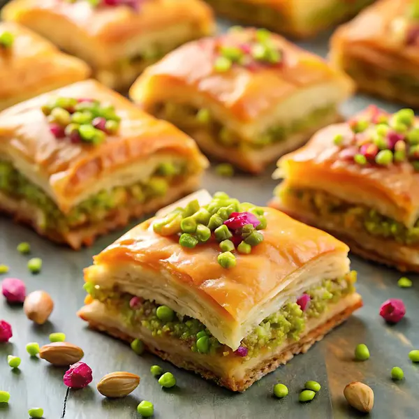 Pistachio ve Rose Baklava Tatlı Tasarımları İllüstrasyonu