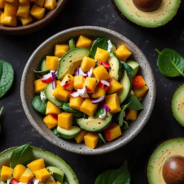 Tropikal mango avokado salatasının canlı vektör çizimi, sağlıklı yemek blogları, yaz menüleri ve tropikal tarif tasarımları için mükemmel..
