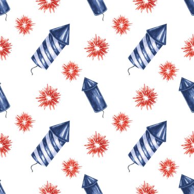 4 Temmuz kusursuz bir düzen. Kırmızı, mavi havai fişekler ve havai fişekler. Bağımsızlık Günü tatili geçmişi. El yapımı suluboya 4 Temmuz sarma kağıtları, hediyeler, tekstil, peçeteler