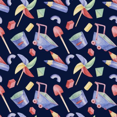 El arabaları, oyuncakları, kalemleri, kovası ve suluboya küreği olan kusursuz bebek deseni. Retro oyuncaklar süsleme El çocuklar için tekstil baskısı, çocuk duvar kağıdı, ambalaj, paketleme, yapıştırma kitabı