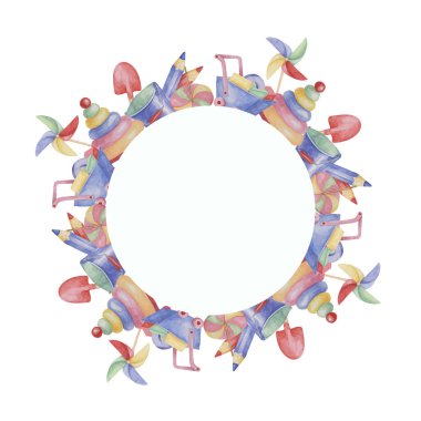 Oyuncaklar yuvarlak çerçeve şablonu, fırıldak, el arabası, kova, kürek, kalem, kürek, yığın halkaları. Doğum günü için suluboya nesneler, cinsiyet gösterimi, vaftiz, doğum duyuru kartları, oyun günü daveti