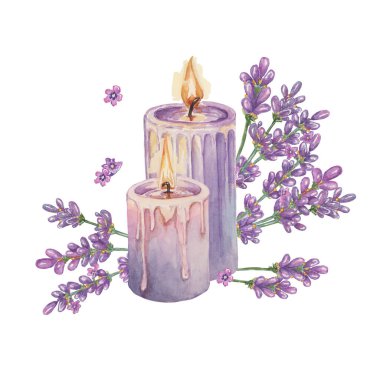 Ev kokusu için lavanta ve leylak mumları. Ev aromalı spa terapisi suluboya resimlerini rahatlatıyor. Güzellik, kozmetik, etiketler, organik ürünler, sağlık ve ambalaj için el çizimi tırmanış