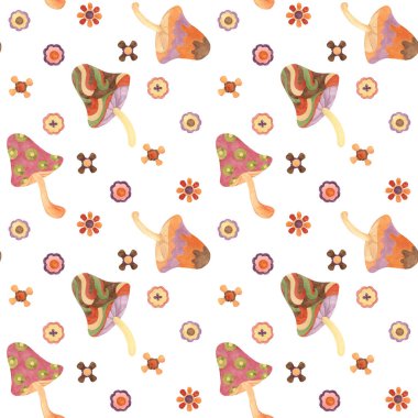 Mantarlı ve suluboya çiçekli eski moda, pürüzsüz desen. Klasik hippi mantarı tekstil süsleme klipsi. Giysiler, duvar kağıtları, ambalajlar, hatıra defterleri için el çizimi nostaljik baskı