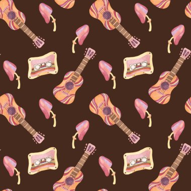 Seamless pattern with retro guitar, tape and mushrooms in watercolor. Vintage hippie music textile ornament clipart. Hand drawn nostalgic print for clothing, wallpaper, wrapping, scrapbooking clipart