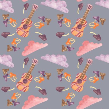 Seamless pattern with retro guitar, tape, clouds and mushrooms in watercolor. Vintage hippie music textile ornament clipart. Hand drawn nostalgic print for clothing, wallpaper, wrapping, scrapbooking clipart