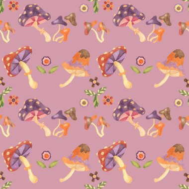 Mantarlı ve suluboya çiçekli eski moda, pürüzsüz desen. Klasik hippi mantarı tekstil süsleme klipsi. Giysiler, ambalajlar, hatıra defterleri için el çizimi tarımsal nostaljik baskılar