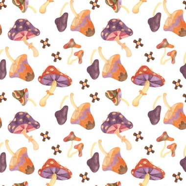 Mantarlı ve suluboya çiçekli eski moda, pürüzsüz desen. Klasik hippi mantarı tekstil süsleme klipsi. Giysiler, ambalajlar, hatıra defterleri için el çizimi tarımsal nostaljik baskılar