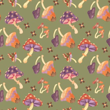 Mantarlı ve suluboya çiçekli eski moda, pürüzsüz desen. Klasik hippi mantarı tekstil süsleme klipsi. Giysiler, ambalajlar, hatıra defterleri için el çizimi tarımsal nostaljik baskılar