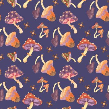 Mantarlı ve suluboya çiçekli eski moda, pürüzsüz desen. Klasik hippi mantarı tekstil süsleme klipsi. Giysiler, ambalajlar, hatıra defterleri için el çizimi tarımsal nostaljik baskılar