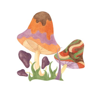 70 'lerin tarzında eski hippi mantarı ve ot. Hippie psychedelic groovy fungus clipart. Çiçek gücü etiketi, nostaljik tasarım, baskı, tırnak içinde, karikatür tarzı suluboya resimleme