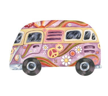 Çiçekli eski bir hippi karavanı. Çiçek gücü yolculuğu için eski moda bir otobüs arabası. Tuhaf suluboya çizimler, baskı için çizgi film stili, barış işareti, papatya, güneş ve dalgalarla seyahat.