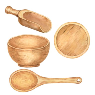 Suluboya içinde ahşap tabaklar. Boş kaşıkların, kasenin ve tabağın kırsal tarzda elle çizilmiş bir parçası. Yazdırma, paketleme ve beyaz arkaplanda izole edilmiş elementler için tasarım