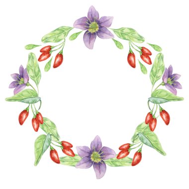 Kırmızı goji üzümleri, leylak çiçekleri ve yeşil yapraklar yuvarlak çerçeve tasarımı. El çizimi suluboya çizimi, DIY yazdırma, tebrik kartı, tırnak içinde, hediye etiketi, etiket, yapıştırma defteri, daire şablonu için izole edilmiş.
