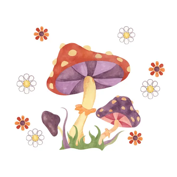 stock image Retro hippie flowers, grass and fly agaric mushrooms 70s style. Hippie psychedelic groovy fungus clipart. Watercolor illustration for flower power sticker, nostalgic design, printing, quote, t-shirt