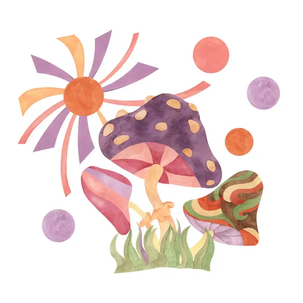 stock image Retro hippie mushroom and sun in 1970s style. Hippie psychedelic groovy fungus clipart. Watercolor indie illustration for flower power sticker, nostalgic design, printing, quote, t-shirt cartoon style