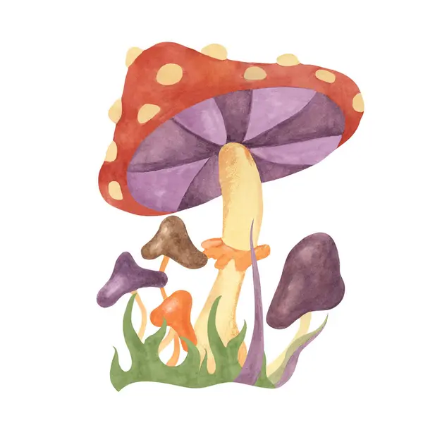 stock image Retro hippie mushrooms and fly agaric in 1970s style. Hippie psychedelic groovy fungus clipart. Watercolor indie illustration for flower power sticker, nostalgic design, printing, quote, t-shirt