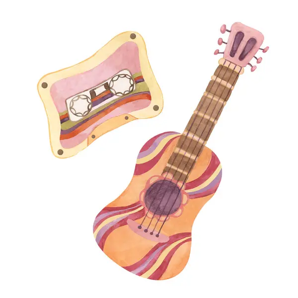 1970 'lerin tarzında Retro Trippy gitar ve ses kaydı. Hippi müzik kültürünü nostaljik bir klipte hisseder. Baskı, çıkartmalar, el ilanları, tişörtler, posterler, parti kartları için suluboya klasik görselleme