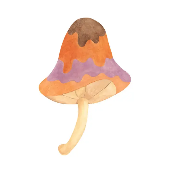 stock image Hippie psychedelic magic mushroom in 70s style. Vintage groovy toadstool nostalgic clipart. Watercolor fairytale fungus funky illustration for printing, trippy stickers, flyers, indie t-shirts, labels