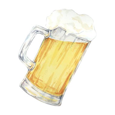 Kafası köpüklü bira bardağı. Oktoberfest 'in suluboya çizimi. Altın bira birası, bira fabrikası için soluk bira, menü, el ilanı, pazarlama malzemeleri için bar tasarımı illüstrasyonu