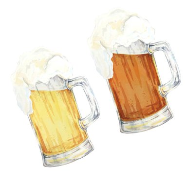 Hafif bira, kehribar birası. Köpüklü içeceklerin suluboya çizimi, gerçekçi tezahüratlar, Ekim Festivali, bira fabrikası, bira etiketleri, menü, parti davetiyesi