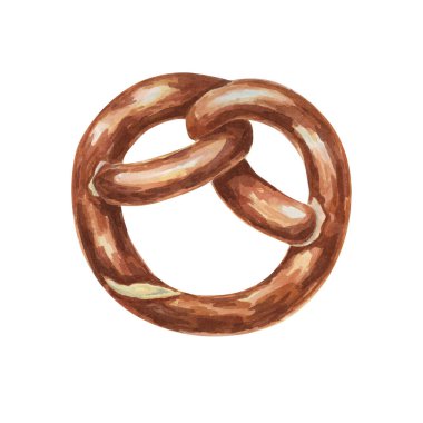 Simit suluboya çizimi. Kahverengi yumuşak geleneksel Alman kahvaltı aperatifi, Oktoberfest sembolü clipart. Menü, broşür, çıkartma, reklam ve fırın için tipik aperatif.